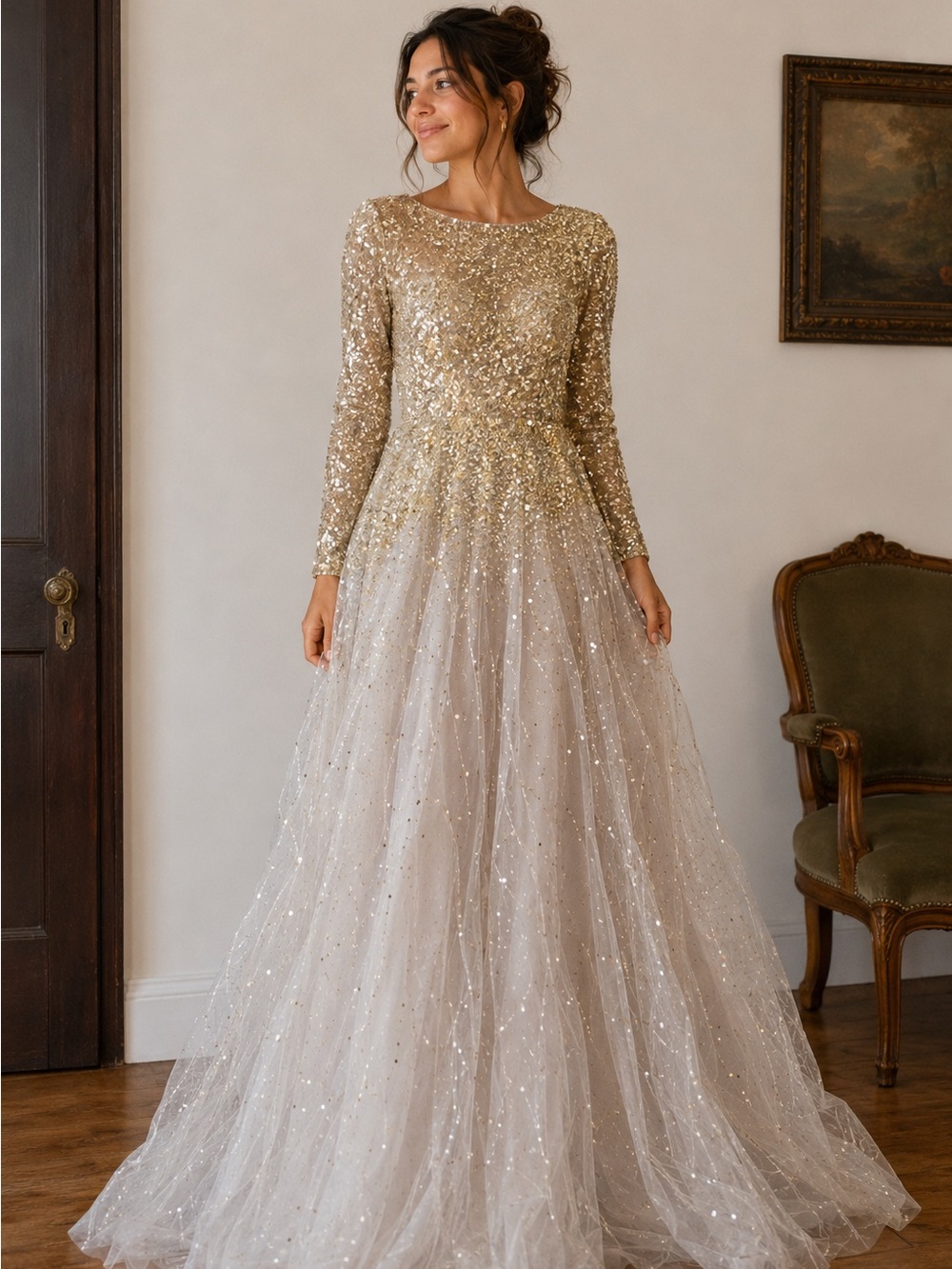 Custom Bespoke Liquid Gold & Platinum Ombré Sequin Gown, Size ~SP or 4